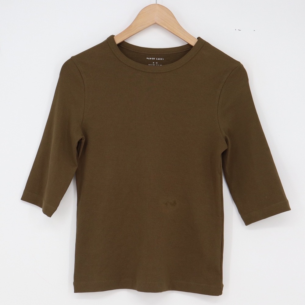 Paper Label T-Shirt Womens Medium Ribbed 3/4 Sleeve Olive Green Stretch